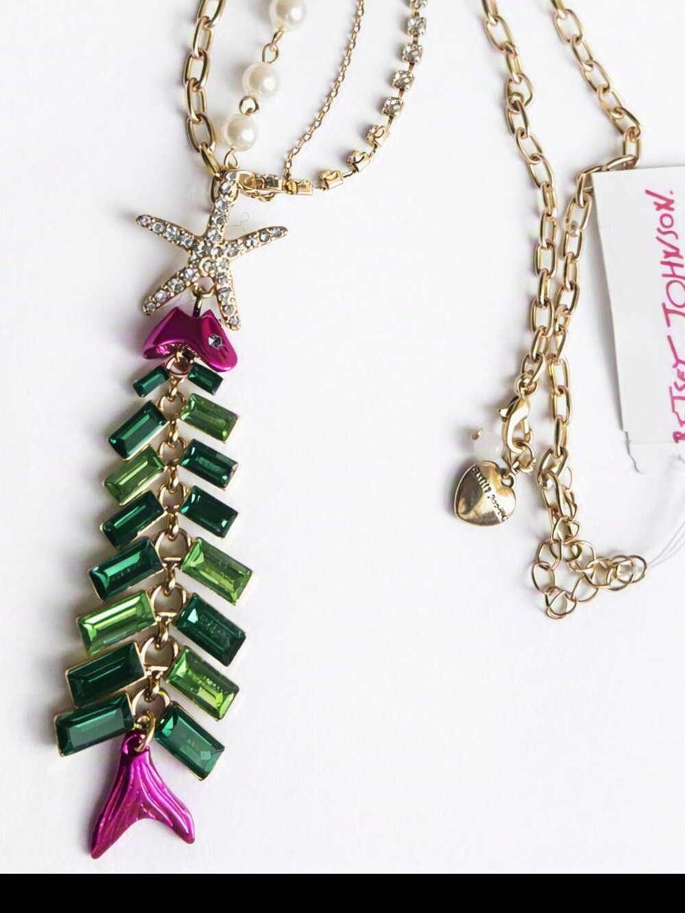 Betsey Johnson Long Glam Fish/Christmas Tree Pendant Necklace